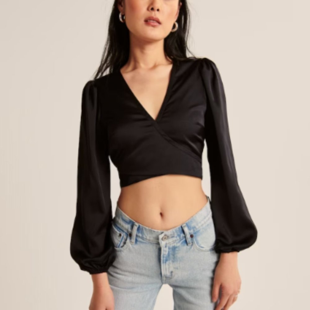Abercrombie Long-Sleeve Satin Wrap Top (Black)
